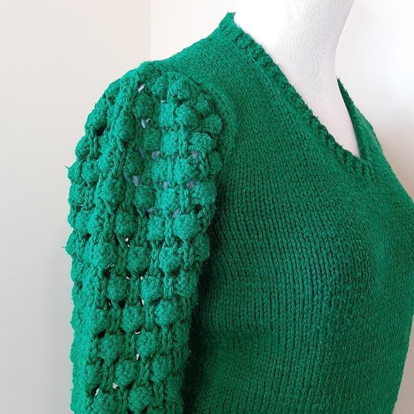 Vtg Hand Knit Open Knit Balloon Sleeve Sweater Cropped V Neck Holiday M - Picture 2 of 6